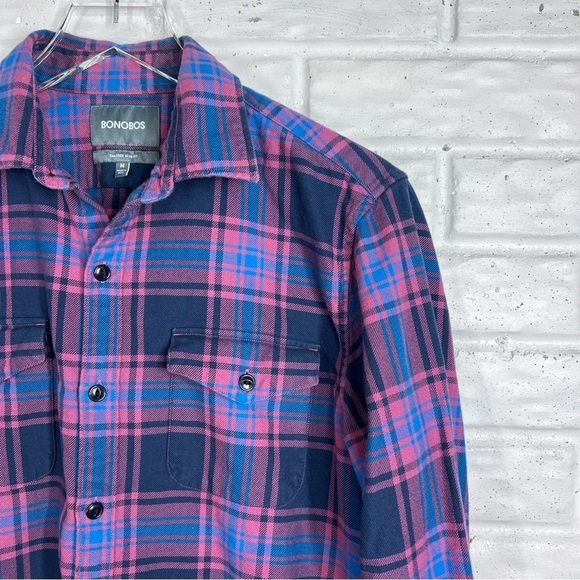 BONOBOS Women’s Tailored Flannel Button Up Ling Sleeve Shirt blue & pink - Picture 2 of 6